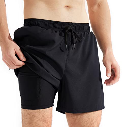 SURFEASY Badehose Herren mit Kompression Badehose mit innenhose Board Shorts 2 in 1 kurz Badehose(Schwarz,XXL) von SURFEASY