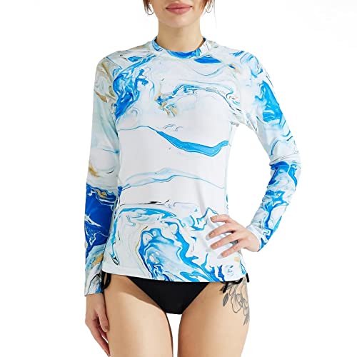 SURFEASY Damen Rash Guard Langarm Sonnenschutz Schnelltrocknend Badeshirt Surf Shirt Schwimmen Bademode(Blaue Textur,2XL) von SURFEASY