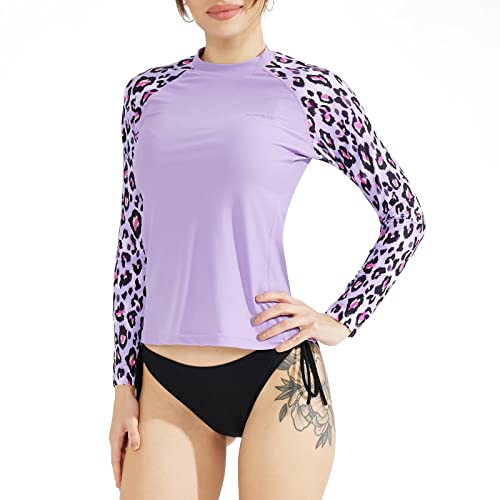 SURFEASY Damen Rash Guard Langarm Sonnenschutz Schnelltrocknend Badeshirt Surf Shirt Schwimmen Bademode(Lila Leoparden Muster,2XL) von SURFEASY