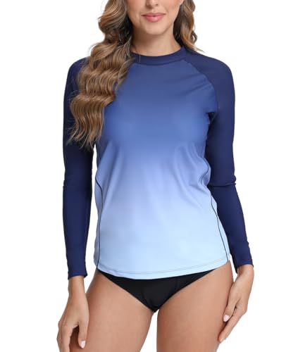 SURFEASY Damen Rash Guard Langarm Sonnenschutz Schnelltrocknend Badeshirt Surf Shirt Schwimmen Bademode(Navy Farbverlauf,M) von SURFEASY