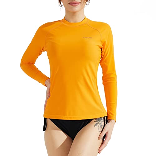 SURFEASY Damen Rash Guard Langarm Sonnenschutz Schnelltrocknend Badeshirt Surf Shirt Schwimmen Bademode(Orange,L) von SURFEASY