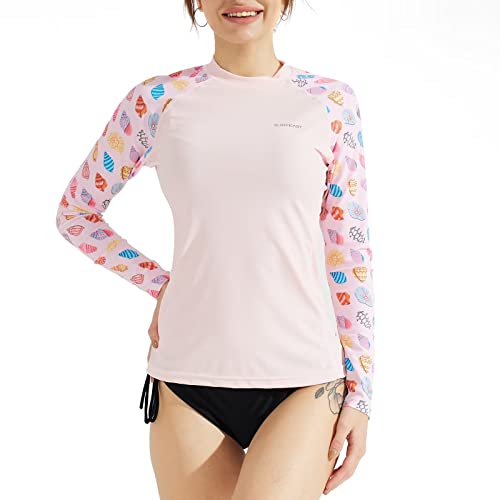 SURFEASY Damen Rash Guard Langarm Sonnenschutz Schnelltrocknend Badeshirt Surf Shirt Schwimmen Bademode(Rosa Muscheln,2XL) von SURFEASY