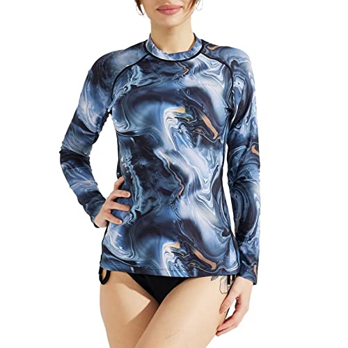 SURFEASY Damen Rash Guard Langarm Sonnenschutz Schnelltrocknend Badeshirt Surf Shirt Schwimmen Bademode(Schwarze Textur,S) von SURFEASY
