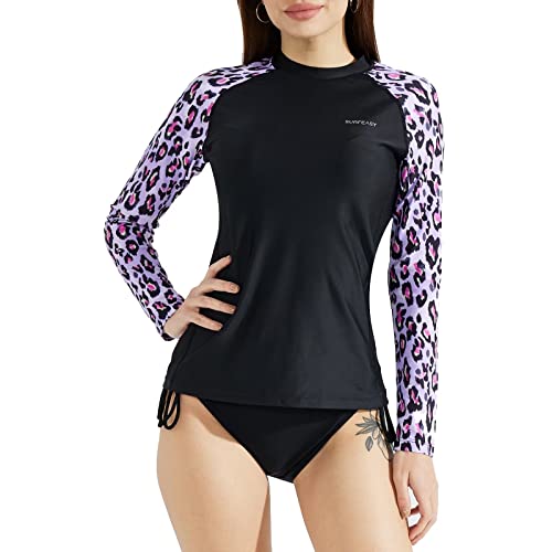 SURFEASY Damen Rash Guard Langarm Sonnenschutz Schnelltrocknend Badeshirt Surf Shirt Schwimmen Bademode(Schwarzer Leoparden Muster,2XL) von SURFEASY