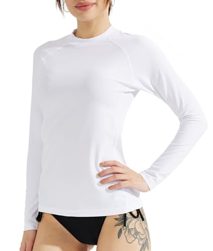 SURFEASY Damen Rash Guard Langarm Sonnenschutz Schnelltrocknend Badeshirt Surf Shirt Schwimmen Bademode(Weiß, M) von SURFEASY