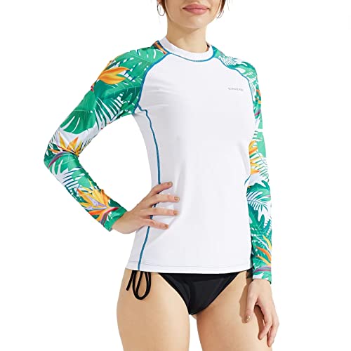 SURFEASY Damen Rash Guard Langarm Sonnenschutz Schnelltrocknend Badeshirt Surf Shirt Schwimmen Bademode(Weiße Blätter,XL) von SURFEASY