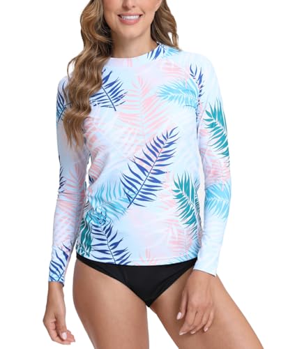 SURFEASY Damen Schwimmshirt Langarm UV-Schutz Shirt Schnelltrocknend UPF 50+ Badeshirt (Tropisches Blatt,XL) von SURFEASY