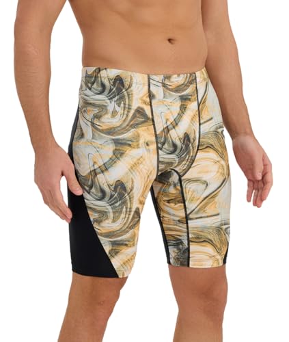 SURFEASY Herren Jammer Schwimmhose Lang Schnelltrocknend Badehose zum Schwimmen Racing Trainings (Schwarz/Holzmaserung, M) von SURFEASY