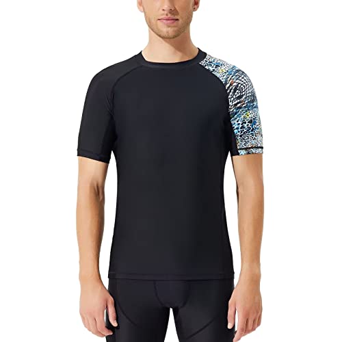SURFEASY Rash Guard Hemd Kurzarm Schwimmen Surfen Tops Schwimm Shirt Tshirt Herren Schnelltrocknend Badeshirt(Leopard Druck,3XL) von SURFEASY