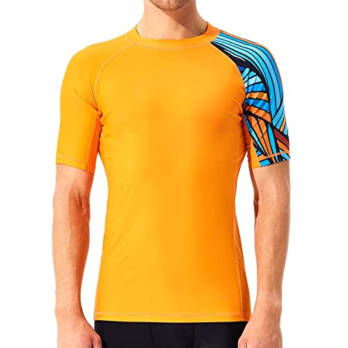 SURFEASY Rash Guard Hemd Kurzarm Schwimmen Surfen Tops Schwimm Shirt Tshirt Herren Schnelltrocknend Badeshirt(Orange,XL) von SURFEASY