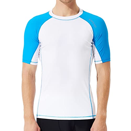 SURFEASY Rash Guard Hemd Kurzarm Schwimmen Surfen Tops Schwimm Shirt Tshirt Herren Schnelltrocknend Badeshirt(Weiß/Königsblau,S) von SURFEASY