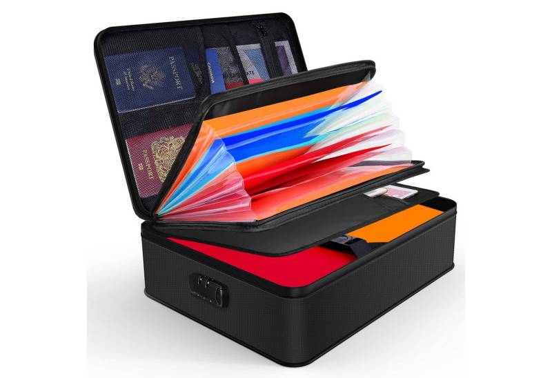 SURFOU Dokumententasche Dokumentenbox, Feuerfeste Dokumentenmappemit Schloss, Ordner (Sichere Aufbewahrungslösung aus hitzebeständigem Fiberglas (bis 2000°F), 1-tlg., Mit mit 7 Fächern, Passwortschloss, wasserdicht & tragbar), 36 x 10 x 26,9 cm, für Dokumente, Karten, USB u.v.m. von SURFOU