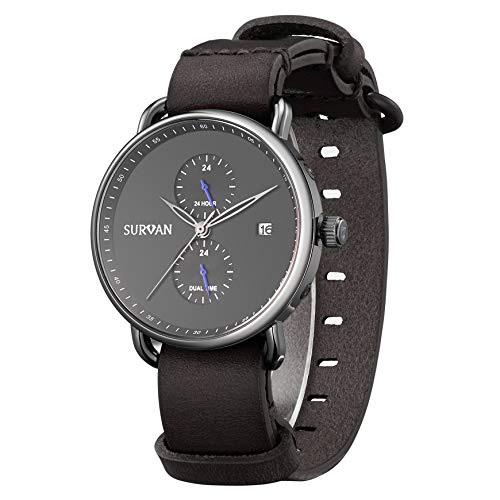 Herren Armbanduhr Quarz mit grauem Lederarmband schwarzem Zifferblatt Analog Watches Uhr von SURVAN WatchDesigner