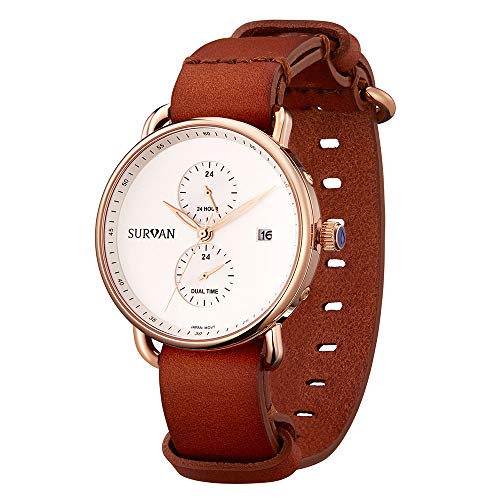 Herren Armbanduhr Quarz mit hellbraunem Lederarmband weißem Zifferblatt Analog Watches Uhr von SURVAN WatchDesigner