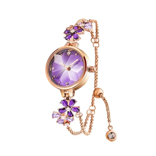 SURVAN WatchDesigner Uhr Damen Exquisite Armreif Armband Minilistisch Stil Diamant Zifferblatt Blatt Förmig Kristall Glas Rund Uhrengehäuse Alltag und Jubiläum geeignet (Lila) von SURVAN WatchDesigner