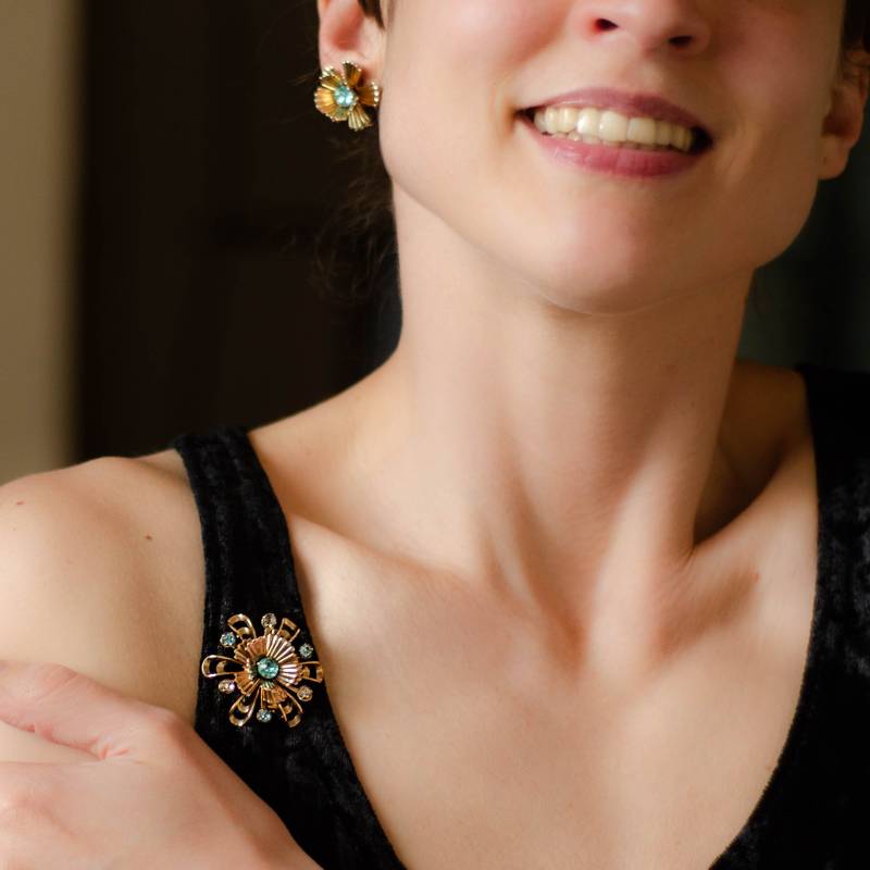 Art Deco Schmuckset - Aquamarin Ohrhänger Und Strass Brosche von SURstudio