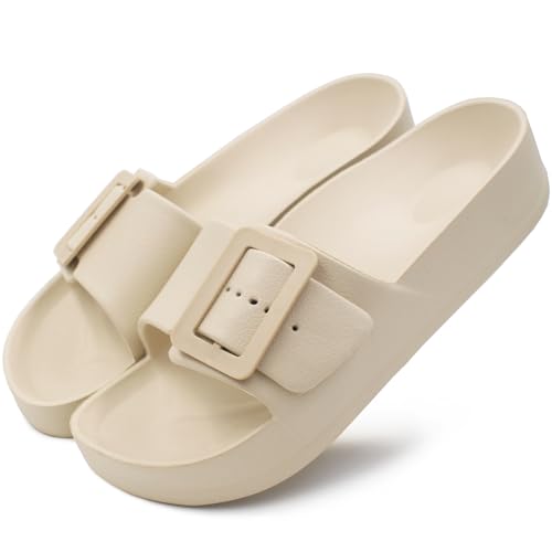 Damen-Sandalen mit Fußgewölbeunterstützung, verstellbare Schnalle, Plateau, Wolkenrutschen, Sommer, leicht, weich, rutschfest, Duschschuhe, Beige, 39.5 EU Damen-Sandalen mit Fußgewölbeunterstützung, verstellbare Schnalle, Plateau, Wolkenrutschen, Sommer, leicht, weich, rutschfest, Duschschuhe, Beige, 39.5 EU von SUSHAN