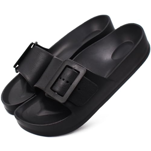 Damen-Sandalen mit Fußgewölbeunterstützung, verstellbare Schnalle, Plateau, Wolkenrutschen, Sommer, leicht, weich, rutschfest, Duschschuhe, Schwarz, 38.5 EU Damen-Sandalen mit Fußgewölbeunterstützung, verstellbare Schnalle, Plateau, Wolkenrutschen, Sommer, leicht, weich, rutschfest, Duschschuhe, Schwarz, 38.5 EU von SUSHAN