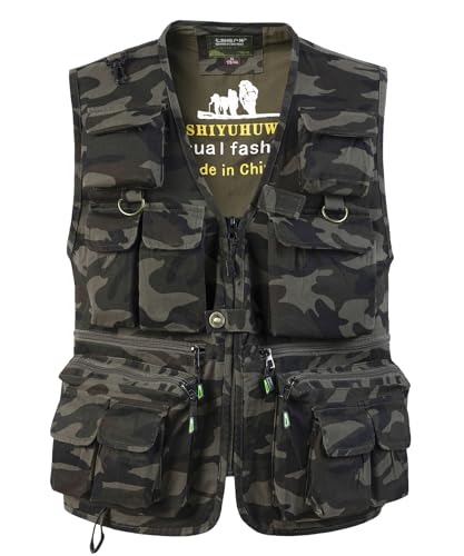 SUSHIMIAN Herren Outdoor Weste mit Vielen Taschen Jagdweste Anglerweste Multifunktionsweste Arbeitsweste Baumwolle Safari Weste Fischerweste mit Reißverschluss, Camo Grün, XL von SUSHIMIAN