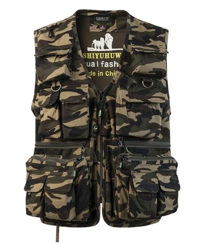 SUSHIMIAN Herren Outdoor Weste mit Vielen Taschen Jagdweste Anglerweste Multifunktionsweste Arbeitsweste Baumwolle Safari Weste Fischerweste mit Reißverschluss, Camo Khaki, L von SUSHIMIAN