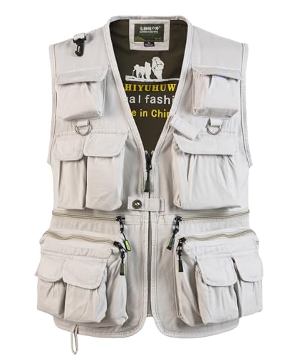 SUSHIMIAN Herren Outdoor Weste mit Vielen Taschen Jagdweste Anglerweste Multifunktionsweste Arbeitsweste Sommer Safari Weste Fischerweste mit Reißverschluss, Beige, L von SUSHIMIAN