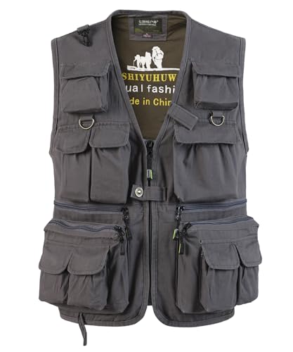 SUSHIMIAN Herren Outdoor Weste mit 16 Taschen Jagdweste Anglerweste Multifunktionsweste Arbeitsweste Sommer Safari Weste Fischerweste mit Reißverschluss, Grau, M von SUSHIMIAN