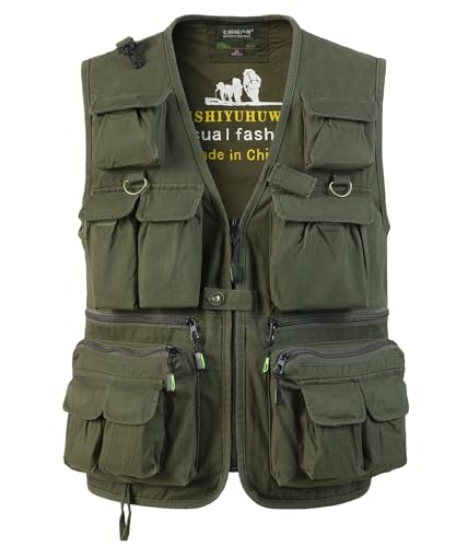 SUSHIMIAN Herren Outdoor Weste mit Vielen Taschen Jagdweste Anglerweste Multifunktionsweste Arbeitsweste Sommer Safari Weste Fischerweste mit Reißverschluss, Grün, XL von SUSHIMIAN