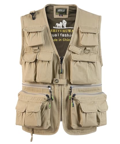 SUSHIMIAN Herren Outdoor Weste mit 16 Taschen Jagdweste Anglerweste Multifunktionsweste Arbeitsweste Sommer Safari Weste Fischerweste mit Reißverschluss, Khaki, L von SUSHIMIAN