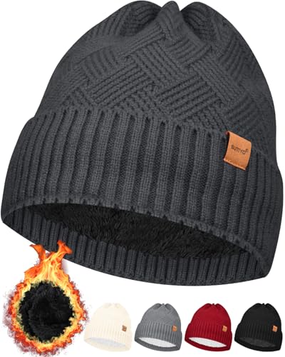 SUTIYO Beanie Mütze Damen mit Fleecefutter Herren Wintermütze Warme Strickmütze Thermo Wollmütze Frauen Mützen (DE/NL/SE/PL, Alphanumerisch, Einheitsgröße, Einheitsgröße, Dunkles Grau) von SUTIYO