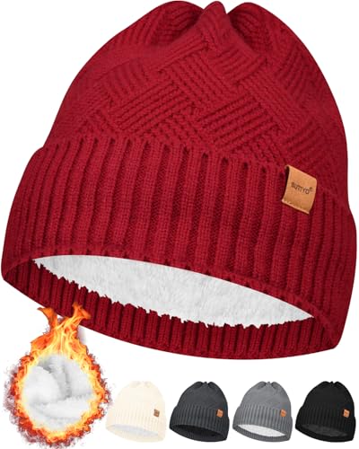 SUTIYO Beanie Mütze Damen mit Fleecefutter Herren Wintermütze Warme Strickmütze Thermo Wollmütze Frauen Mützen für Ski Sport Outdoor(Rot) von SUTIYO