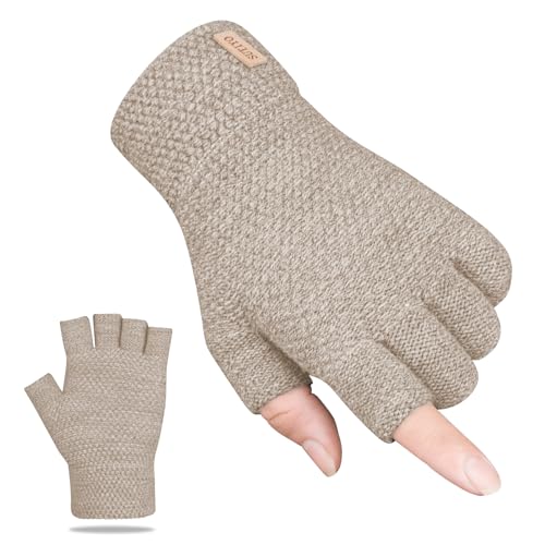 SUTIYO Fingerlose Handschuhe Herren Damen, Kaschmir Strick Handschuhe Warme Ohne Finger, Fingerless Gloves Winterhandschuhe Arbeits Autofahren Radfahren Sport (Beige) von SUTIYO