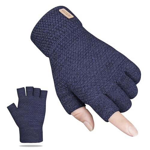 SUTIYO Fingerlose Handschuhe Herren Damen, Kaschmir Strick Handschuhe Warme Ohne Finger, Fingerless Gloves Winterhandschuhe Arbeits Autofahren Radfahren Sport (Marine Blau) von SUTIYO