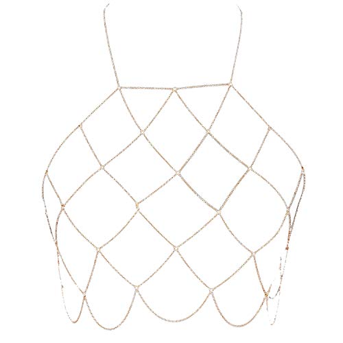Damen Neckholder Mesh Körper Kette Bralette Bikini Bh Halsketten Stomachers (Golden) von SUVIA