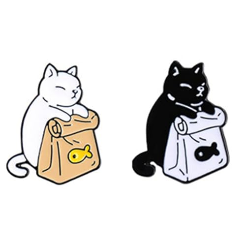 Niedliche schwarz-weiße Katzen-Emaille-Fisch-Brosche mit Cartoon-Tieren, Metall, lustige Meme-Abzeichen, Brosche für Revers, Kinder, Frauen, Taschen, Metall von SUVIA