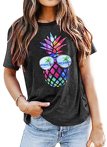 Ananas-T-Shirt für Damen, Aloha-Strände, hawaiianische Hemden, Urlaub, T-Shirts mit Rundhalsausschnitt, Grau (1), XXL von SUWATOIN