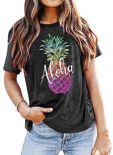 SUWATOIN Ananas-T-Shirt für Damen, Aloha-Strände, hawaiianische Hemden, Urlaub, T-Shirts mit Rundhalsausschnitt, Grau, Large von SUWATOIN