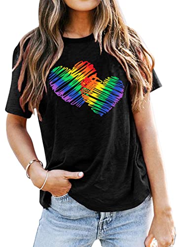 SUWATOIN Gay Pride Regenbogen Herz Shirt LGBT Pride Month T-Shirt Lesben Rundhals Kurzarm, Schwarz , M von SUWATOIN