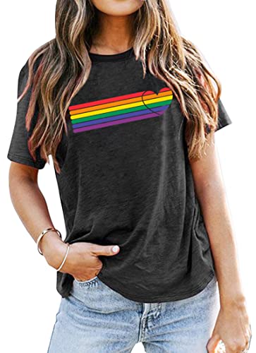 SUWATOIN Gay Pride Regenbogen Herz Shirt LGBT Pride Month T-Shirt Lesben Rundhals Kurzarm, grau, XXL von SUWATOIN