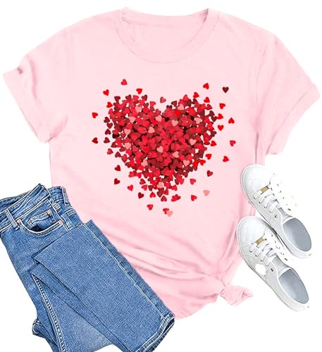 SUWATOIN Herz-T-Shirts für Damen, Valentinstag, Basic-T-Shirt, kurzärmelig, rose, X-Large von SUWATOIN