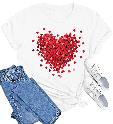 SUWATOIN Herz-T-Shirts für Damen, Valentinstag, Basic-T-Shirt, kurzärmelig, weiß, X-Large von SUWATOIN