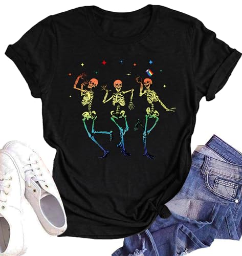 SUWATOIN Pride T-Shirt für Damen, LGBT, Regenbogen-Skelett, Grafik-Shirt, Gay Pride, Monat, Lesben, T-Shirt Tops, Schwarz , M von SUWATOIN