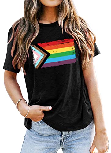 SUWATOIN Pride T-Shirts für Frauen Inklusive Progress Pride Flag T-Shirt LGBTQ Regenbogen Kurzarm T-Shirt, schwarz 1, Large von SUWATOIN