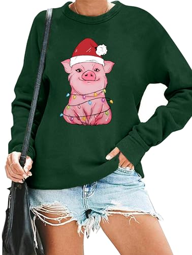 SUWATOIN Weihnachts Sweatshirt Damen Weihnachtspullover Pig Drucken Langarmshirt Rundhals Herbst Winter Frauen Locker Casual Basic Holiday Sport Oberteile von SUWATOIN