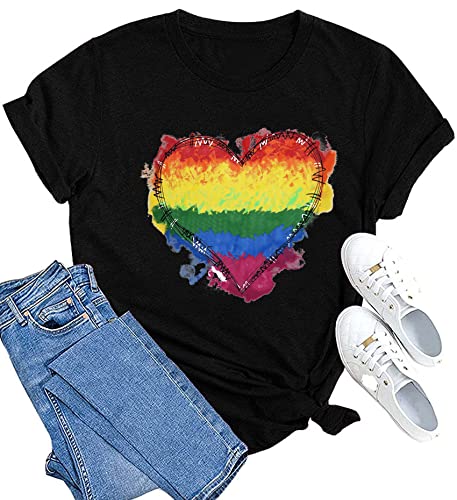 Pride Shirt Damen Regenbogen Herz Drucken Kurze Ärmel T Shirt LGBTQ Gay Pride Month Tops Lesbischen T-Shirts von SUWATOIN