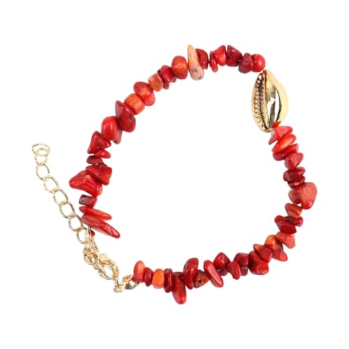 SUXUMHAO Handgefertigtes Perlenarmband, geeignet für Männer und Frauen, Naturstein Conch Shell Gold Armband, Ocean Style Handgefertigtes Steinarmband Verstellbar (Rot) von SUXUMHAO