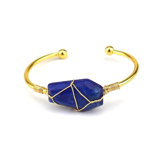 SUXUMHAO Handgefertigtes Perlenarmband, geeignet für Männer und Frauen, handgefertigtes Gold-Kupferdraht-umwickeltes Naturkristall-Hexahedren-Armband, Original-Stein-Kristall-Armband (dunkelblau) von SUXUMHAO