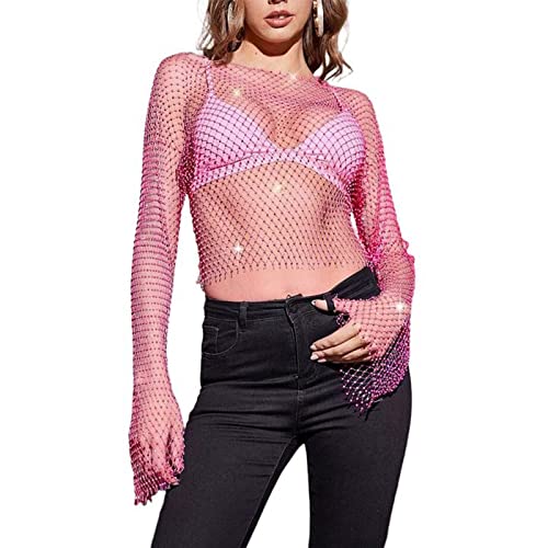 Damen-Perlen-Mesh-Sheer-Crop-Top Perlen-Strass-Glitzer-Pailletten-Bluse für Rave-Festival-Tanz-Clubwear von SUYGGCK