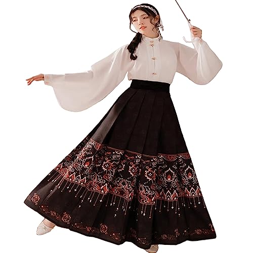 SUYGGCK Chinesisches Hanfu-Outfit für Frauen, Ming-Dynastie, Pferdegesicht, plissierter Maxirock und Hemd, Set, traditionelle asiatische orientalische Kleidung von SUYGGCK