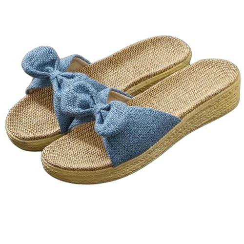 SUYHKO Hausschuhe Damen Frauen Dicke Plattform Flachsruhrschuhe Sommer Beach Leinen Folien Sohle Sandalen-bowknot-blau-35-36 (230 Mm) von SUYHKO