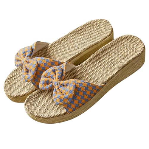 SUYHKO Hausschuhe Damen Frauen Dicke Plattform Flachsruhrschuhe Sommer Beach Leinen Folien Sohle Sandalen-plaid-orange-39-40 (250 Mm) von SUYHKO